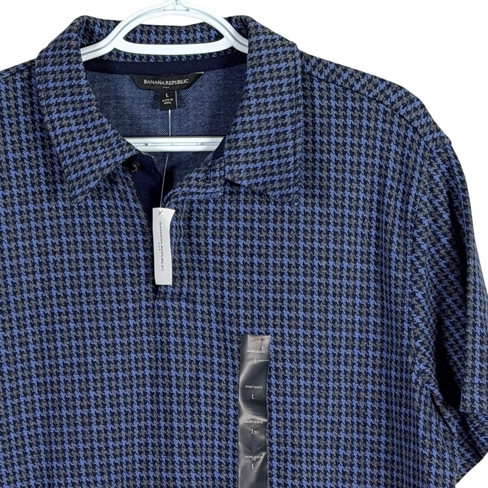Banana Republic Polo Shirt Mens L Blue Houndstooth Short Sleeve Knit Soft Cotton